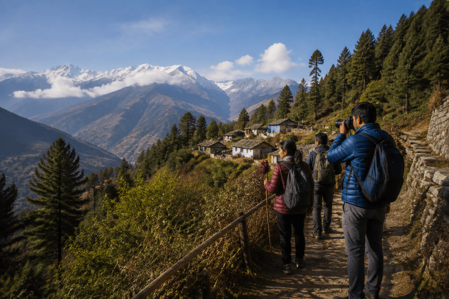 Travellers exploring a Himalayan mountain village