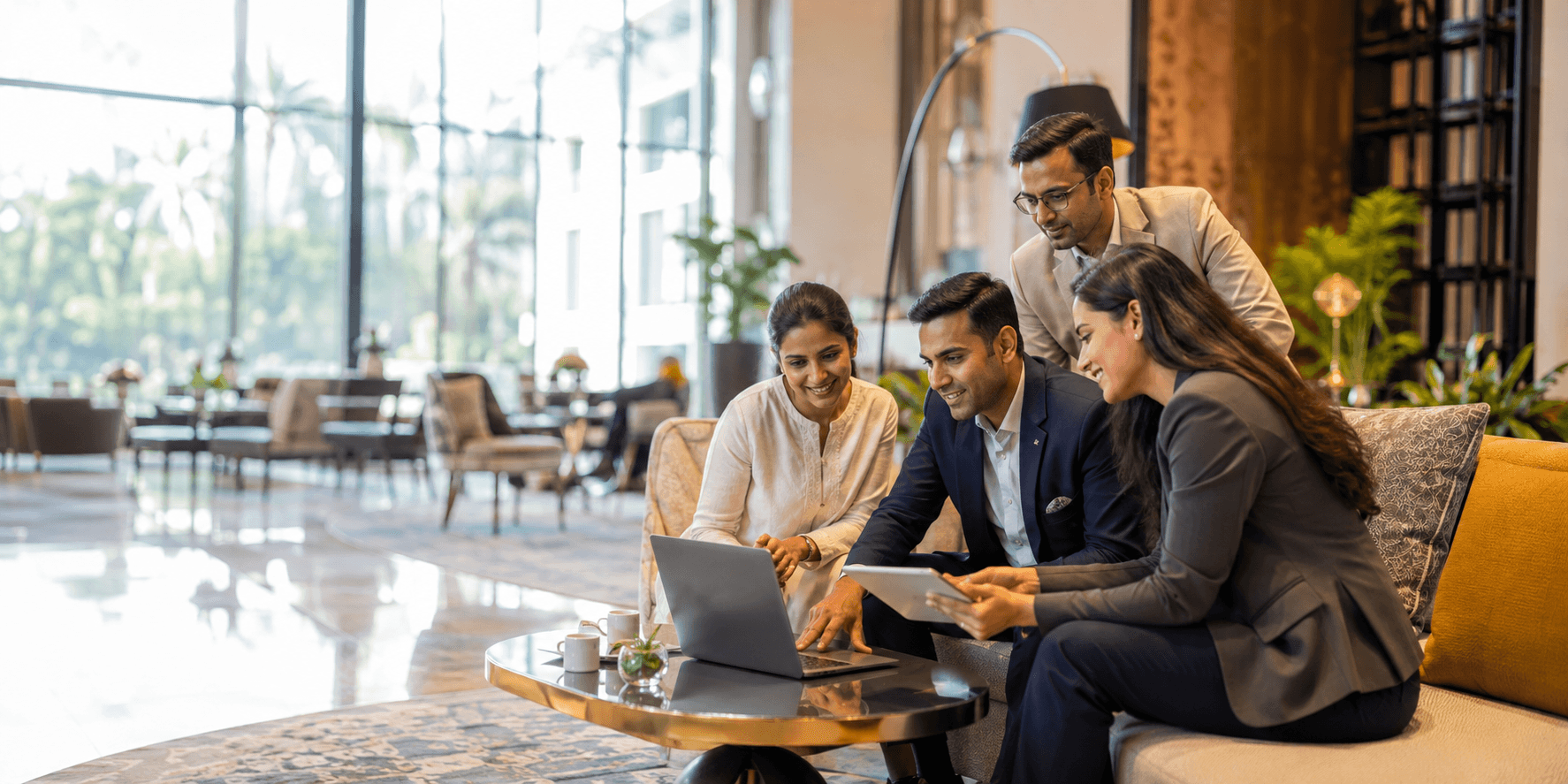 Travel professionals collaborating in a hotel lounge